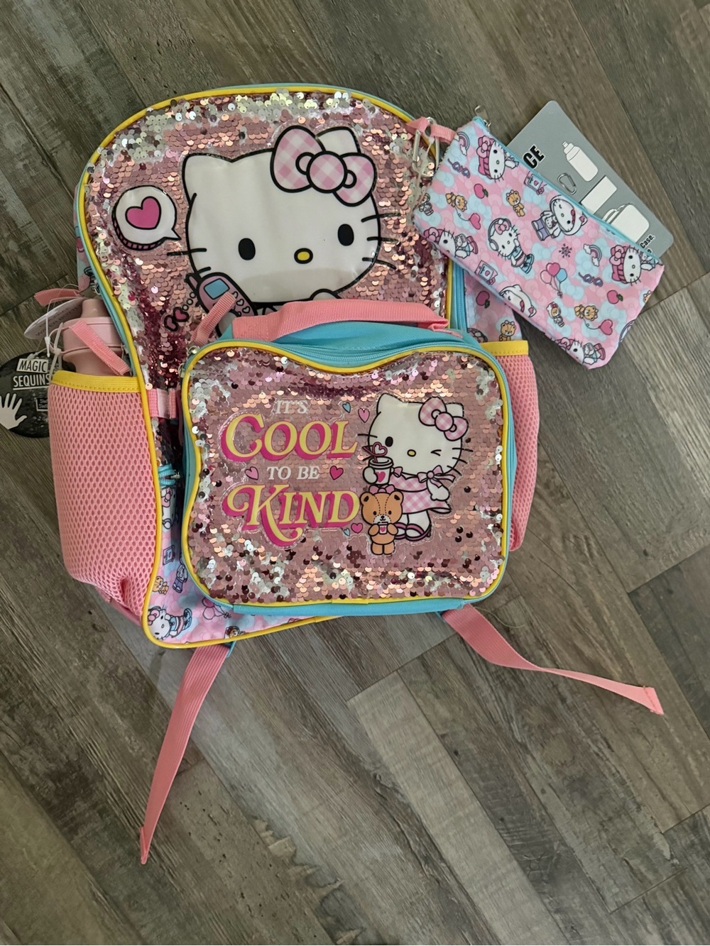 Hello Kitty Pink Sequin Kids Backpack with 'Cool to Be Kind' Front